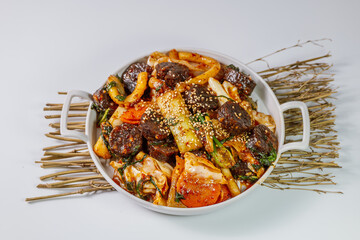 Sundaebokkeum, Stir-fried Blood Sausage : A sausage of pork blood, vegetables, and rice or noodles.