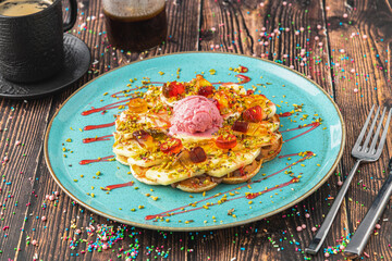 Heart waffle with banana and strawberry with gummy candy and ice cream on it.