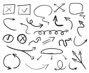 Infographic elements on isolation background. Collection of arrows on white. Highlighters for design. Hand drawn simple symbols. Line art. Set of different signs. Doodles for work