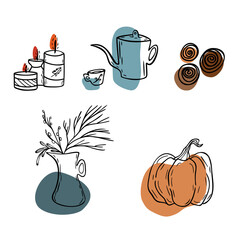The set of vector outline autumn objects with color abstract forms