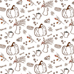 Hand drawn vector seamless vintage pattern of autumn attributes such as pumpkin, maple leaf, mushrooms; cinnamon, tea pot and a cup, roll bun, apple pie and vase with dried flowers on white background