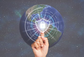 Fototapeta premium Internet security online business concept. Close-up of finger-pointing at to padlock icon on the virtual screen for login to the system network