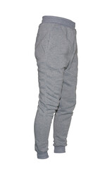 Blank training jogger pants color gray on invisible mannequin template side view on white background
