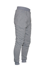 Blank training jogger pants color gray on invisible mannequin template side view on white...