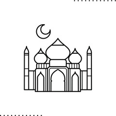 Mosque with the moon passing on the sky,  Arabic greeting vector illustration in outline