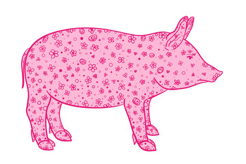 Pig on white. Zen art. Zentangle. Hand drawn animal with intricate patterns on isolated background. Design for spiritual relaxation for adults. Print for banners, posters, t-shirts and textiles
