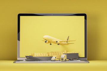Floating computer with cargo ship, truck and plane. Concept of online goods orders worldwide on pastel yellow background. Types of transport of transporting are loads. 3d render