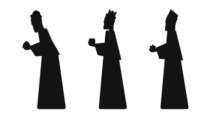 Silhouettes of baby magicians from the east or wise men. Waxes with gifts go to worship the newborn Jesus. Feast of Christmas. Holy night. Vector illustration.