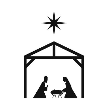 Den scene. Silhouette of the baby Jesus in the manger, the Virgin Mary, Joseph and the Christmas star. The birth of Jesus Christ. Feast of Christmas. Holy night. Vector illustration.