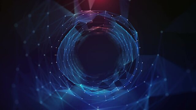 Looping parallax Plexus technological digital Tunnel lines and dots connection Hi speed internet, transfering data NFT HUD.Titles and logo template.Seamless digital Plexus Tunnel zoom in animation.