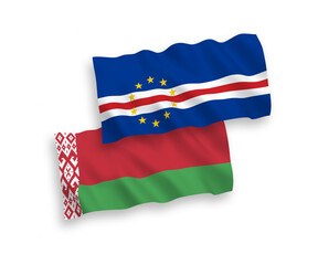 National vector fabric wave flags of Republic of Cabo Verde and Belarus isolated on white background. 1 to 2 proportion.