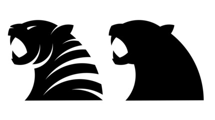 Silhouettes of head of roaring angry tiger with open mouth and sharp teeth. Symbol, emblem of new year 2022. Simple black and white vector isolated on white background