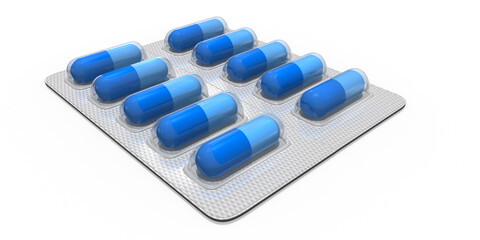 3d blaue Kapseln, Medizin in der Verpackung, isoliert