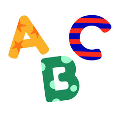 ABC multicolored letters with ornaments. Picture for the cover of the ABC book. Children's vector illustration.