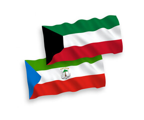 National vector fabric wave flags of Republic of Equatorial Guinea and Kuwait isolated on white background. 1 to 2 proportion.