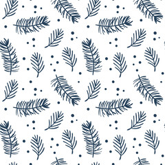 Fototapeta na wymiar Seamless Christmas pattern with pine branches, stars and snowflakes. Vector illustration scandinavian. Cute kids winter scandinavian background. For children fabric textile cloth