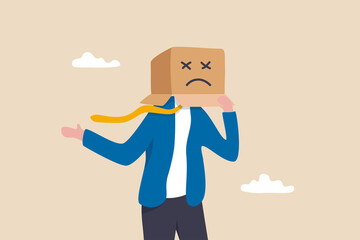 Unhappy employee or unsatisfied customer, depressed from overworked or business failure, anxiety or stressed from work, frustrated businessman covered with cardboard box with unhappy sad face.