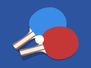 Ping pong pattle set illustration. Red and blue racket on a blue table. 