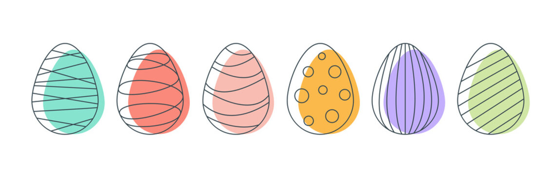 Set of Easter eggs in line art style with color spot isolated on white background. Stock vector illustration. 