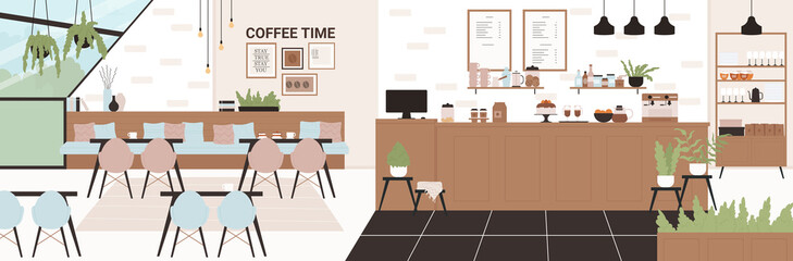 Cafe or modern open coffee shop interior vector illustration. Empty loft cafeteria or restaurant inside, coffee machine, tables, lounge and stools, bar counter and board menu on wall background