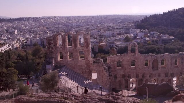 Ancient Greek theatre ruins overlooking Athens, Greece.