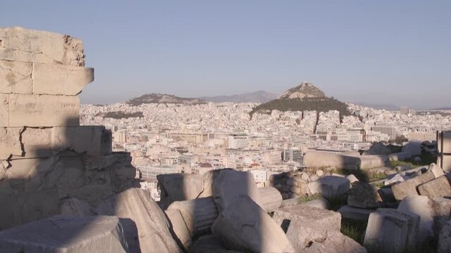 Monument ruins and mountains of Athens, Greece.