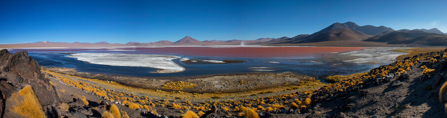 Large panorama of Laguna Colorada, pink lake in Bolivia