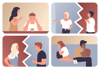 Angry couple quarrel set vector illustration. Cartoon anger fight, divorce of two unhappy married man and woman characters, agressive family conflict and misunderstanding. Love, relationship concept