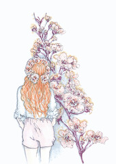 Illustration of a silhouette of a girl in a blooming garden
