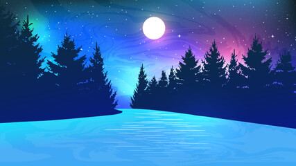 Night river and forest landscape with moonlight. Vector illustration. Flat style. Dark sky with stars. Natural silhouettes trees. Wallpaper poster, banner, backdrop.	