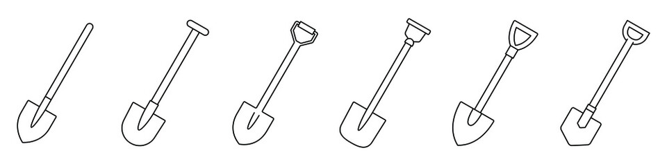 Shovel icon. Shovel for digging and construction. Set of shovels. Hand tool icon. Vector illustration. Shovel linear symbols