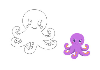 Octopus childrens coloring page with example vector illustration