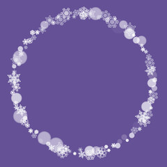 Xmas sales with ultra violet snowflakes. New Year frosty backdrop. Winter frame for flyer, gift card, party invite, retail offer and ad. Christmas trendy background. Holiday banner for xmas sales.