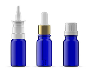 Set of 10 ml Blue Glass Bottles. Nasal spray, Essential Oil and Dropper Bottle. Isolated