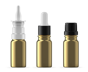 Set of 10 ml Gold Glass Bottles. Nasal spray, Essential Oil and Dropper Bottle. Isolated