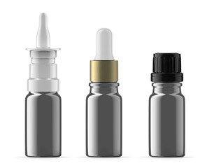 Set of 10 ml Silver Glass Bottles. Nasal spray, Essential Oil and Dropper Bottle. Isolated