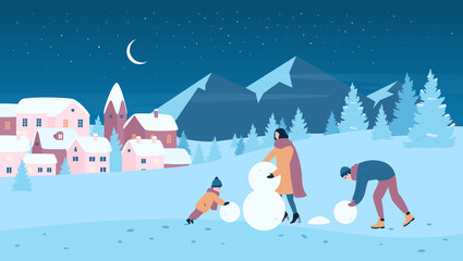 Fototapeta na wymiar Family people play fun game and make snowman at Christmas night landscape vector illustration. Cartoon kid and parent enjoy cold wonderland of mountain village resort, xmas vacation background