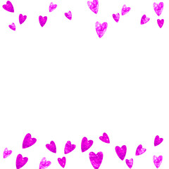 Fototapeta na wymiar Valentines day heart with pink glitter sparkles. February 14th day. Vector confetti for valentines day heart template. Grunge hand drawn texture. Love theme for voucher, special business ad, banner.