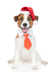 Jack russell terrier puppy wearing red christmas hat and suit with necktie looks up. isolated on white background