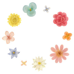 絵の具で手描きした花の円形のフレーム素材