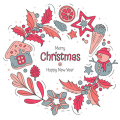 Frame with Christmas symbols isolated on white background. Colorful illustrations for holidays. 