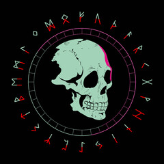 T-shirt vector design of a skull  and runic characters isolated on black. Poster
