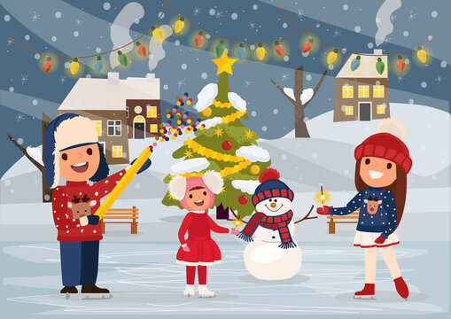 Merry Christmas and Happy New Year! Picture of happy family celebrating New Year eve. Vector illustration.