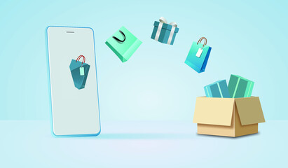 Concept of online shopping on smartphone, parcel boxes and online goods on blue background Vector illustration EPS10.