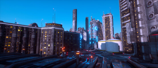 Neon futuristic city. Urban future. Blue neon evening in a city of a future with blue neon lights. Futuristic skyscrapers. Cyberpunk scene. 3D illustration.