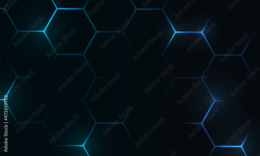 Aufkleber black hexagon gaming tech abstract vector background with blue colored bright energy flashes. vector