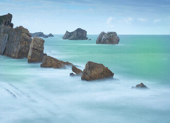 Urros de Liencres on the broken coast in front of the Cantabrian sea, Cantabria
