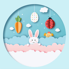 Easter card  bunny eggs, cloud, cute, holiday, blue, carrot, rabbit
