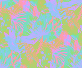 Obraz na płótnie Canvas Multicolored abstract botanical summer background. Seamless pattern with abstract tropical branches for textile and surface design