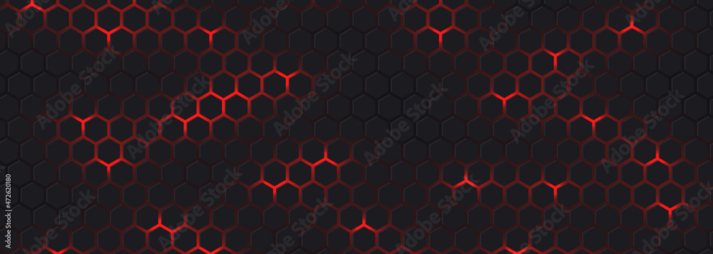 Poster dark wide hexagon abstract technology futuristic background with red bright energy flashes. dark hon